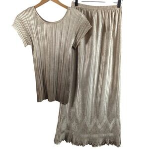 Vintage Jeanne Marc Designer Accordion Pleated Skirt Set 8/10 Gold Glamour Event